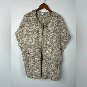 J. Jill‎ Tan White Wool Alpaca Chunky Knit Longline Poncho Sweater Pin Closure